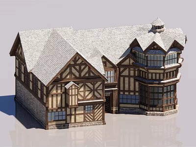 Tudor Style Hotel Building With Timber Framed Stone Walls Sloped Roof And Tower Design 3d model