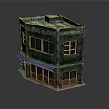 Two Story Brick Building With Green Tile Roof Blue Awning And Wooden Windows