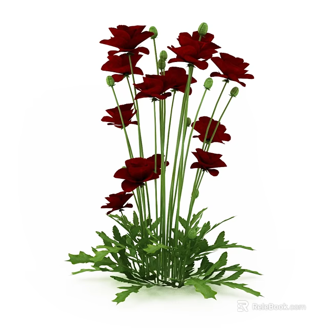 Lush Garden Shrub With Red Flowers Green Leaves And Long Stems 3d model 