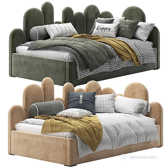 Cozy Kids Bed With Curved Backrest Striped Checkered Pillows And Soft Blankets 3d model 