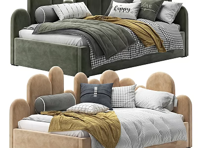 Cozy Kids Bed With Curved Backrest Striped Checkered Pillows And Soft Blankets 3d model