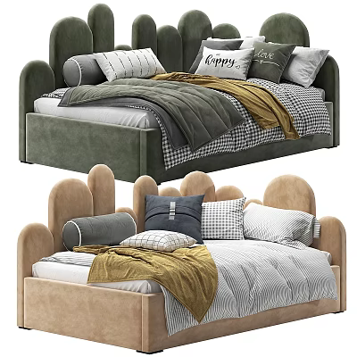 Cozy Kids Bed With Curved Backrest Striped Checkered Pillows And Soft Blankets 3d model
