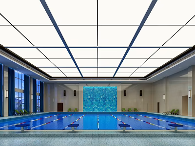 Spacious Indoor Swimming Pool With Blue Water Grid Ceiling Windows And Poolside Seats 3d model