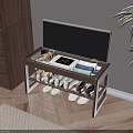 Wooden Storage Stool With Open Lid Holding Shoes And Small Items On Shelves
