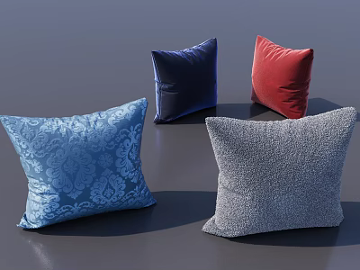 Decorative Assorted Color Pillows With Blue Floral Pattern Dark Blue Red And Gray Textured Fabric 3d model