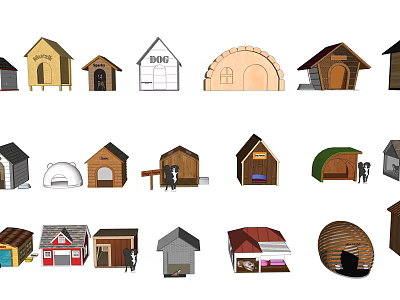 Diverse Garden Structures Featuring Various Designs Like Dog Houses And Sheds 3d model