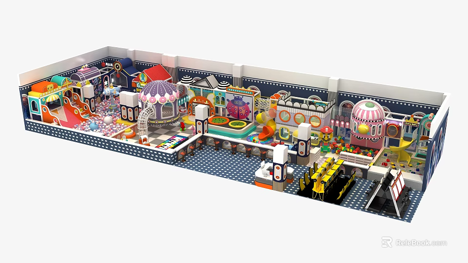 Colorful Indoor Playground Featuring Slides Trampoline Carousel And Various Play Areas 3d model 