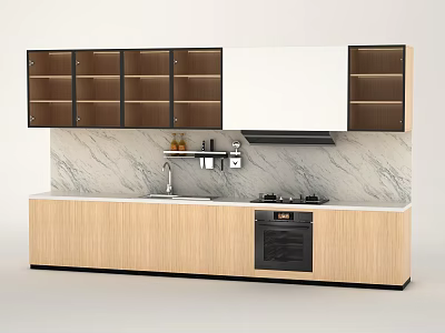 Modern Kitchen Interior Design With Wooden Cabinets Marble Backsplash And Stove 3d model