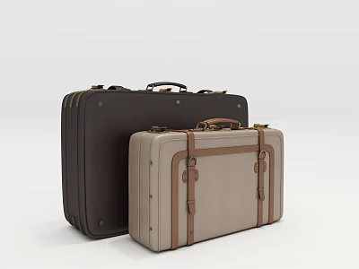 Two Classic Black and Beige Leather Suitcases with Vintage Design Leather Straps and Metal Buckles 3d model