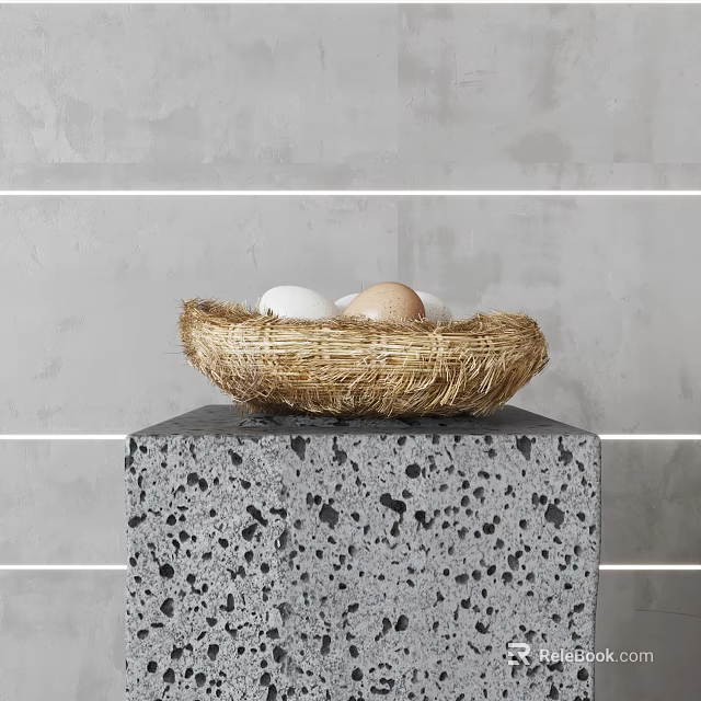 Fresh Eggs in a Straw Nest on a Speckled Gray Stone Pedestal Against Gray Wall 3d model 