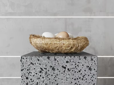 Fresh Eggs in a Straw Nest on a Speckled Gray Stone Pedestal Against Gray Wall 3d model