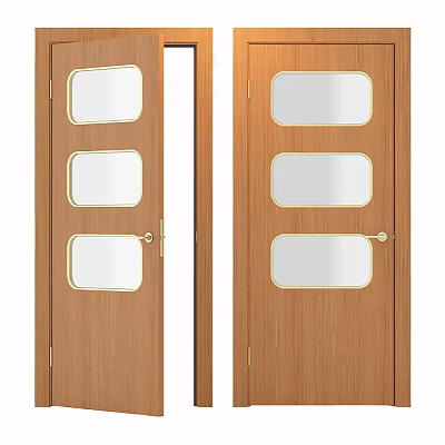 Wooden Swing Doors Featuring Three Glass Panels With Gold Frames And Handles 3d model