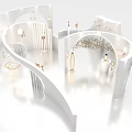 Modern Elegant Exhibition Hall With Curved White Displays And Hanging Lamps Design