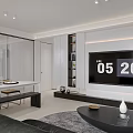 Modern Living and Dining Room Interior With Black Leather Sofa Dining Table And Decorative Paintings