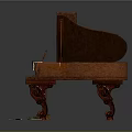 Classic Brown Wooden Piano With Ornate Carved Design Open Lid And Sheet Music
