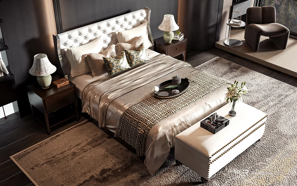 Elegant Double Bed with Patterned Headboard Decorative Pillows Nightstands Table Lamps Bed Bench and Soft Rug 3d model 