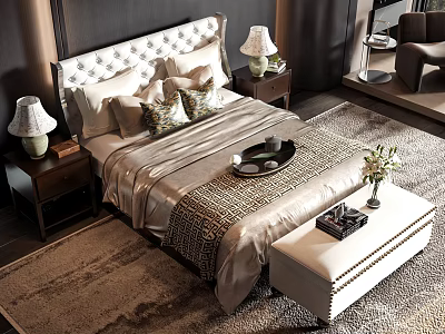 Elegant Double Bed with Patterned Headboard Decorative Pillows Nightstands Table Lamps Bed Bench and Soft Rug 3d model