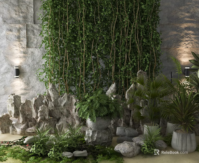 Garden Ornament Design With Green Vine Covered Wall Rockery Stones And Potted Plants 3d model 