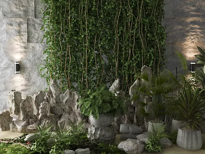 Garden Ornament Design With Green Vine Covered Wall Rockery Stones And Potted Plants 3d model