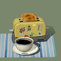 Yellow Kitchen Appliance Toaster with Decorative Patterns Toast and Coffee Cup on Striped Placemat