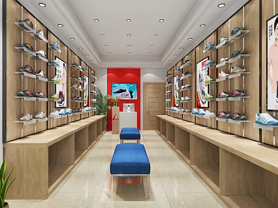 Footwear Store Interior Featuring Display Shelves Shoes Bench Red Background And Posters 3d model