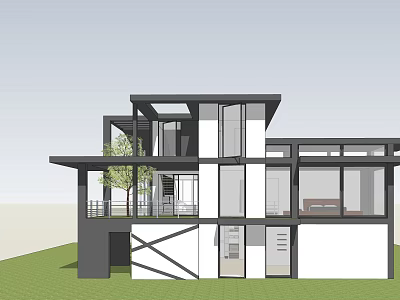 Modern Detached Villa With Contemporary Architecture Glass Walls Balcony And Greenery 3d model