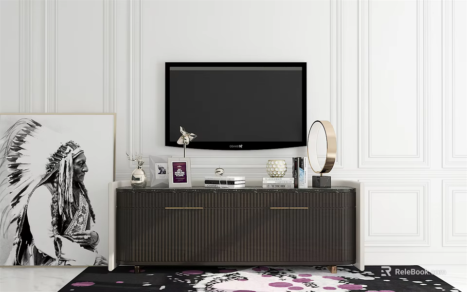 Modern Dark TV Stand With TV Decorative Items And White Wall Paneling 3d model 
