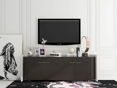 Modern Dark TV Stand With TV Decorative Items And White Wall Paneling 3d model