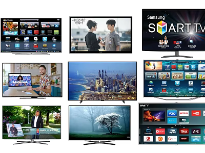 Different Smart TVs Featuring Ultra HD Displays Showing Scenes People And City Views 3d model