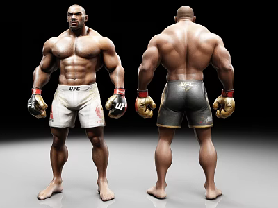 UFC Muscular Male Fighter Front And Back View With Golden Gloves And Shorts 3d model