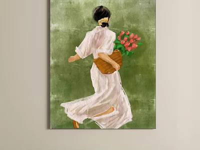 Canvas Art Woman In White Dress Carrying Brown Basket With Red Flowers On Green Background 3d model