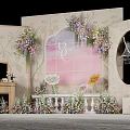 Beautiful Wedding Decor Setup With Floral Arch Pink Backdrop Mirror And Bench 3d model