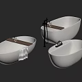 Modern White Freestanding Bathtub Design With Wooden Shelf Towel And Faucet