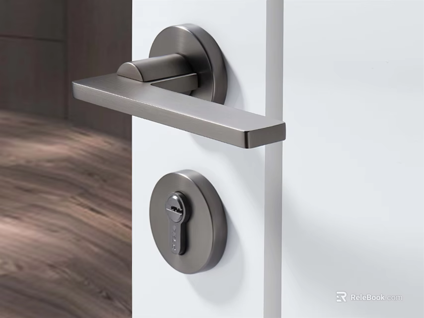 Modern Stainless Steel Door Handle With Keyhole On White Door In Home Interior 3d model 