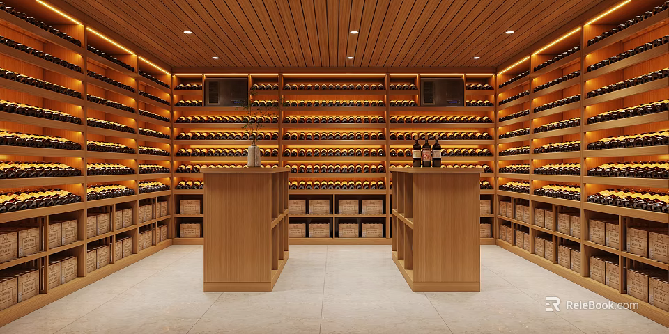 Elegant Wooden Wine Cellar Interior Design With Multiple Wine Racks And Central Islands 3d model 