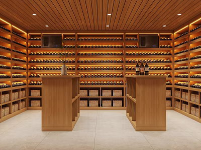 Elegant Wooden Wine Cellar Interior Design With Multiple Wine Racks And Central Islands 3d model