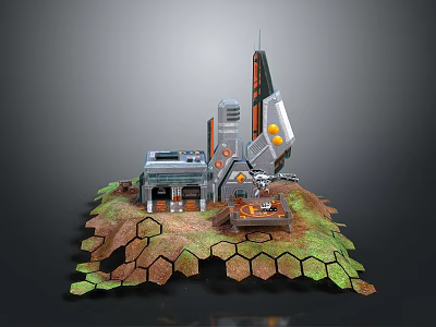 Futuristic Landscape Featuring Hexagonal Terrain Green Brown Patches And Tall Tech Inspired Structures 3d model