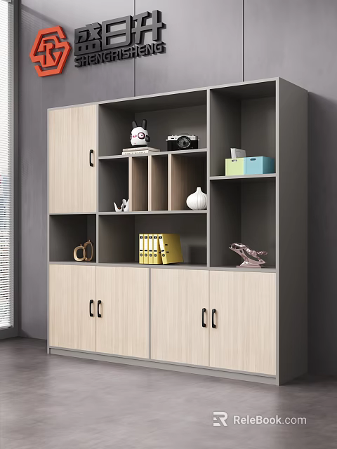 Modern Storage Cabinet With Wood Gray Doors Open Shelves Holding Camera File Folders Decorative Items 3d model 