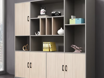 Modern Storage Cabinet With Wood Gray Doors Open Shelves Holding Camera File Folders Decorative Items 3d model