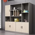 Modern Storage Cabinet With Wood Gray Doors Open Shelves Holding Camera File Folders Decorative Items
