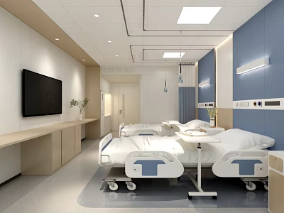 Modern Hospital Ward Interior With Two Beds TV Medical Equipment And Plants 3d model