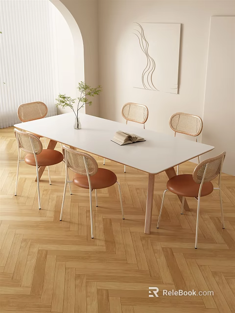 Rectangular White Dining Table Set With Six Woven Backrest Chairs And Green Plant Vase 3d model