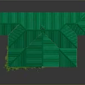 Cartoon Style House Featuring Green Roof Yellow Wooden Structure Stone Walls Balcony And Green Tree