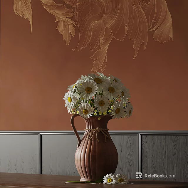 Brown Ceramic Vase With White Daisies Against Orange Wall Gold Floral Patterns And Gray Panels 3d model 