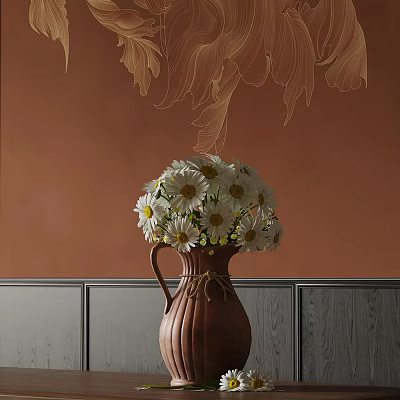 Brown Ceramic Vase With White Daisies Against Orange Wall Gold Floral Patterns And Gray Panels 3d model