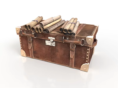 Vintage Brown Leather Trunk With Antique Scrolls Stacked On Top 3d model