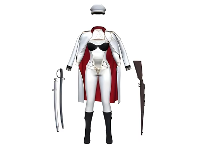 White and Red Uniform Clothing with Cape Boots Corset and Military Hat Design 3d model