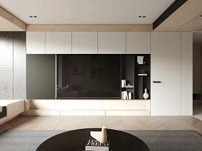 Sleek Modern TV Wall Unit With White Cabinets Dark Panel Open Shelves And Decorative Items 3d model
