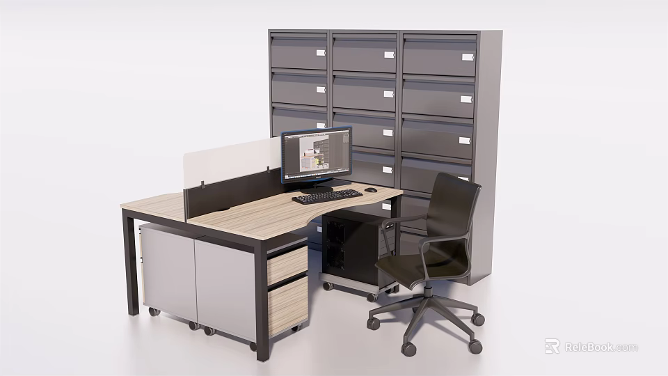 L shaped Office Desk With Wooden Top Computer Monitor Partition Ergonomic Chair And Filing Cabinet 3d model 