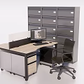 L shaped Office Desk With Wooden Top Computer Monitor Partition Ergonomic Chair And Filing Cabinet
